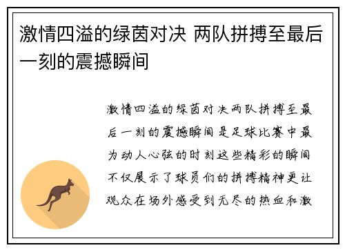 激情四溢的绿茵对决 两队拼搏至最后一刻的震撼瞬间