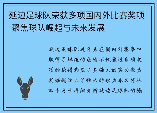 延边足球队荣获多项国内外比赛奖项 聚焦球队崛起与未来发展