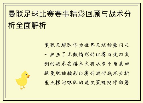 曼联足球比赛赛事精彩回顾与战术分析全面解析