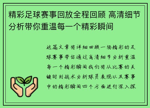 精彩足球赛事回放全程回顾 高清细节分析带你重温每一个精彩瞬间