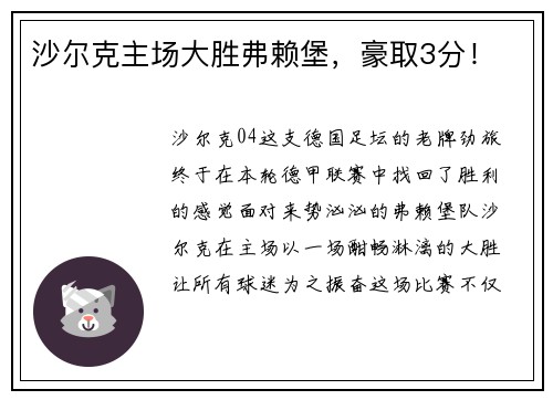 沙尔克主场大胜弗赖堡，豪取3分！
