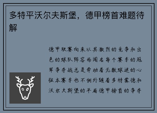 多特平沃尔夫斯堡，德甲榜首难题待解