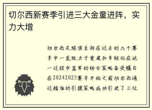 切尔西新赛季引进三大金童进阵，实力大增