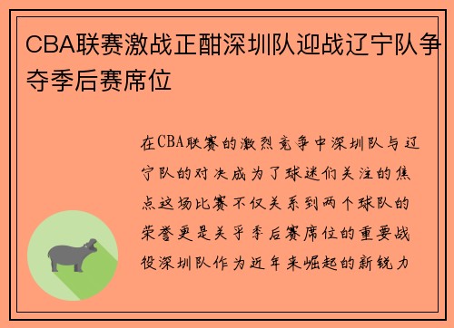 CBA联赛激战正酣深圳队迎战辽宁队争夺季后赛席位