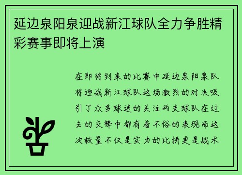 延边泉阳泉迎战新江球队全力争胜精彩赛事即将上演