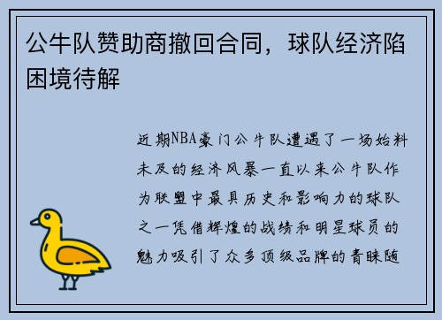 公牛队赞助商撤回合同，球队经济陷困境待解