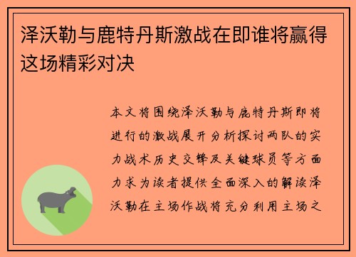 泽沃勒与鹿特丹斯激战在即谁将赢得这场精彩对决