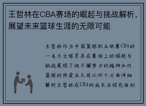 王哲林在CBA赛场的崛起与挑战解析，展望未来篮球生涯的无限可能